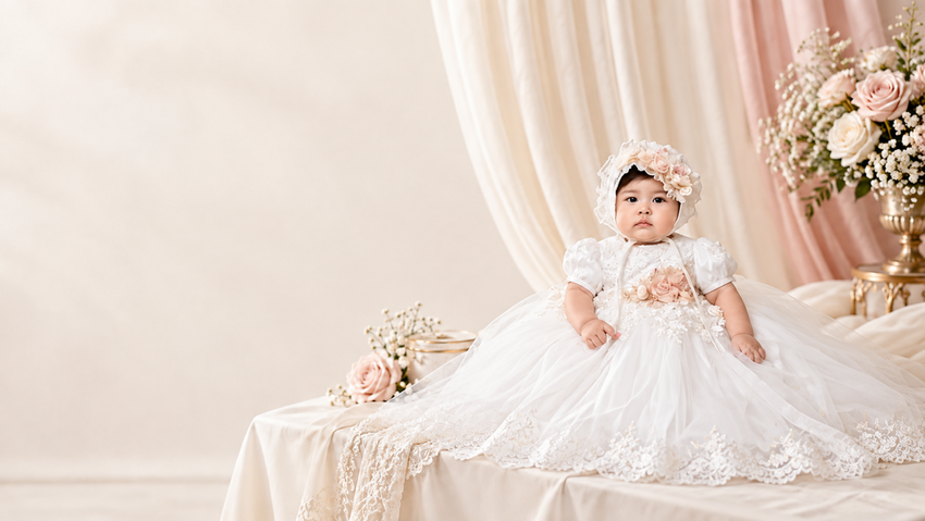 Bebé con vestido blanco de bautizo y detalles florales
