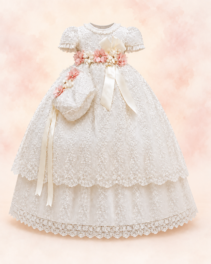 Vestido ceremonial de encaje con flores rosas y moño marfil