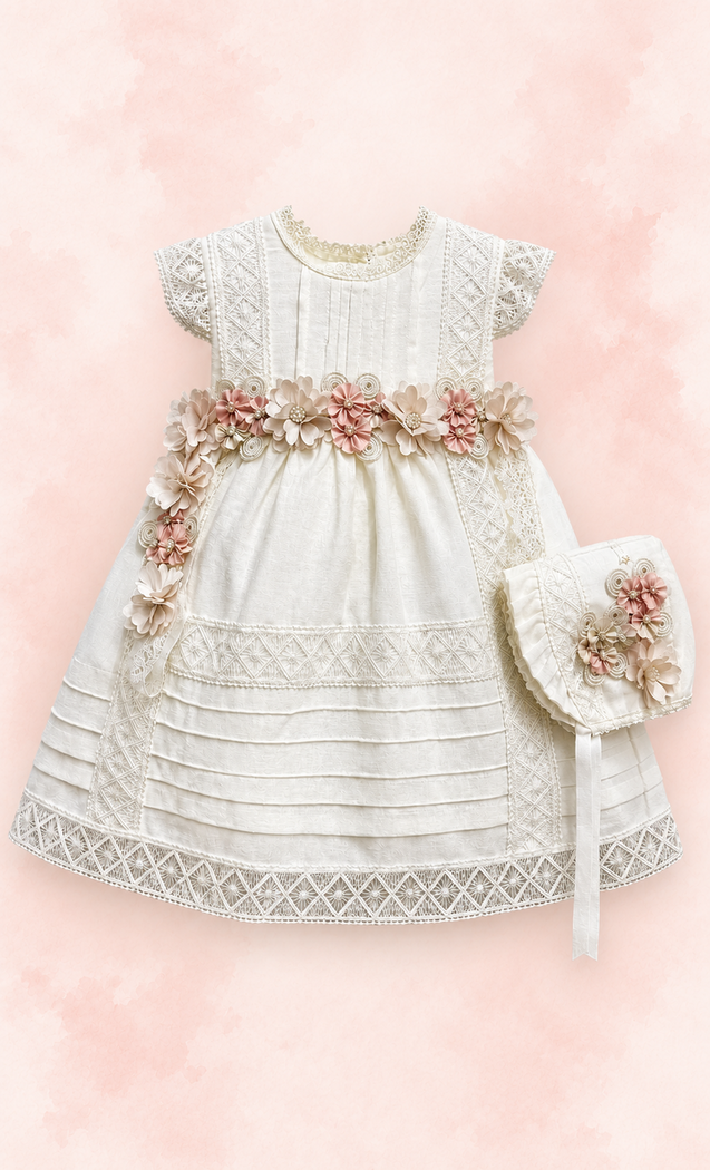 Vestido de bautizo con encaje geométrico, flores rosas y gorrito a juego