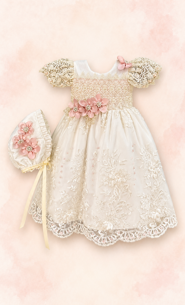 Vestido de bautizo con encaje dorado, flores rosas y gorrito a juego