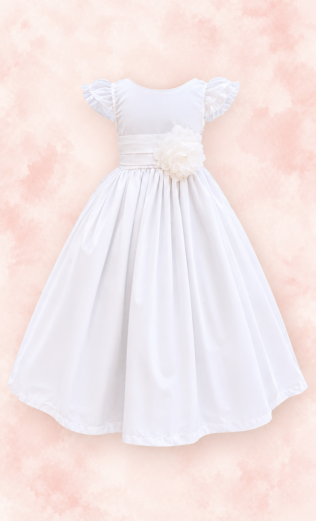 Vestido blanco de ceremonia con flor lateral