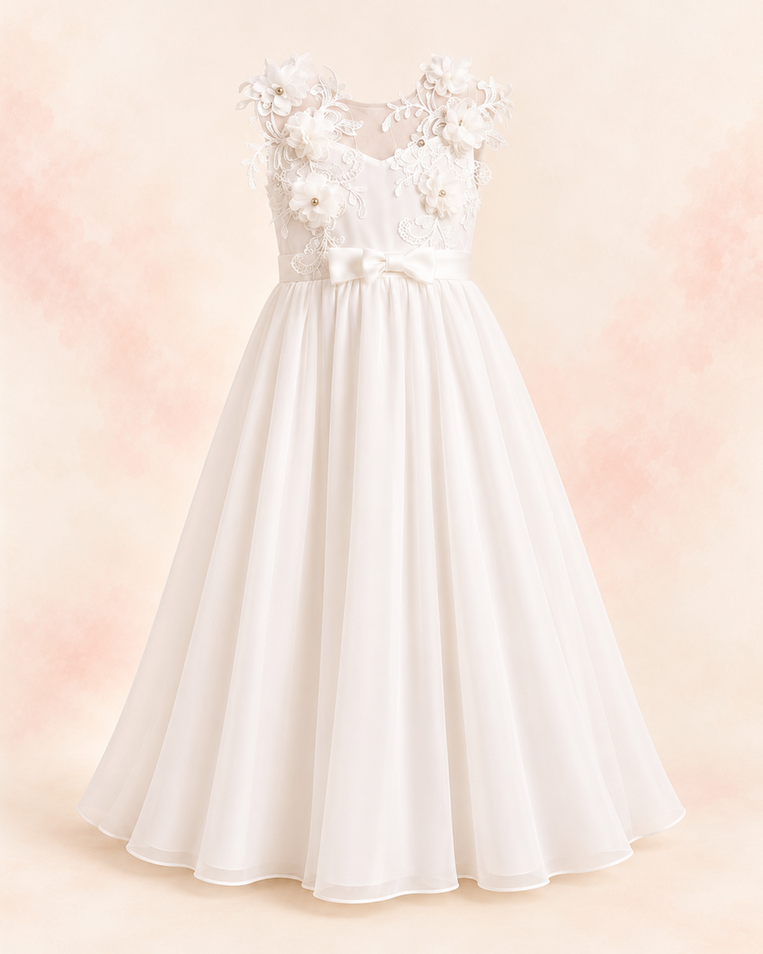 Vestido blanco largo con aplicaciones florales y moño en la cintura