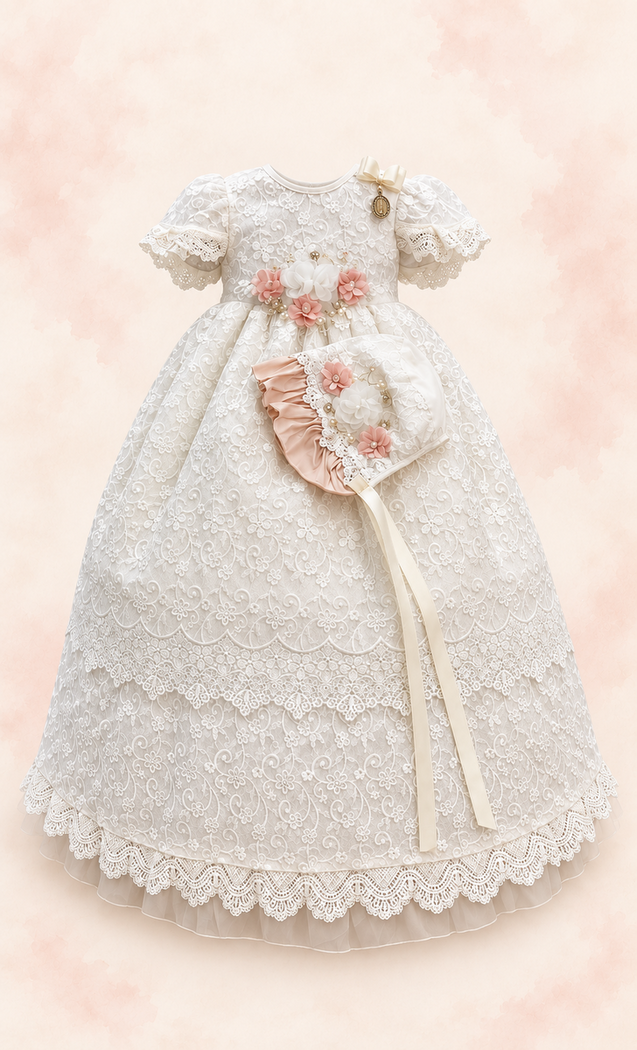 Vestido blanco de ceremonia con encaje, flores rosas y gorrito a juego