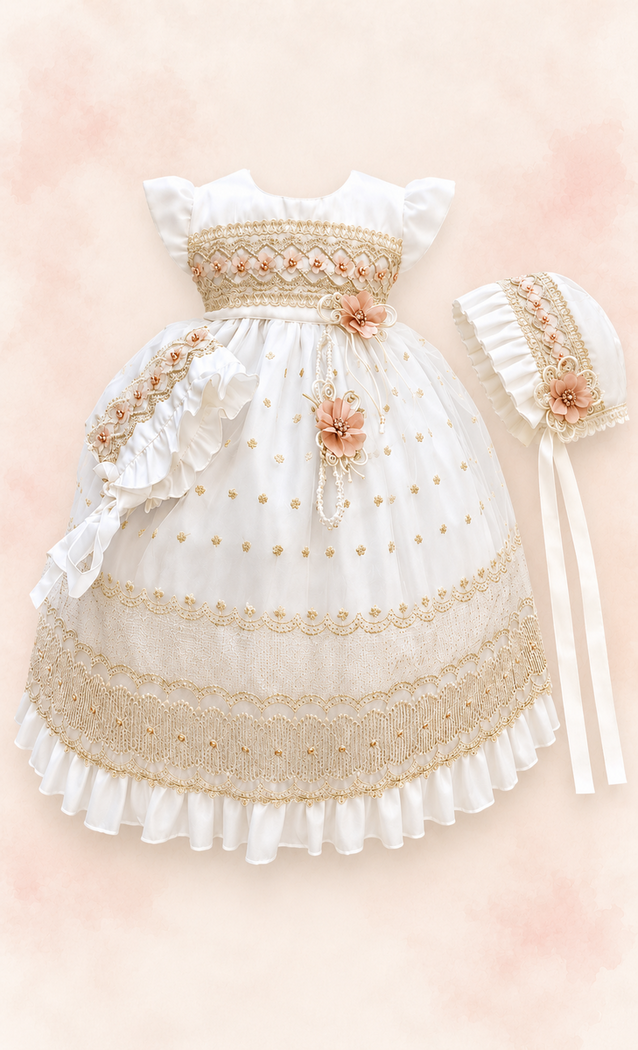 Vestido blanco de bautizo con bordado dorado y gorrito a juego