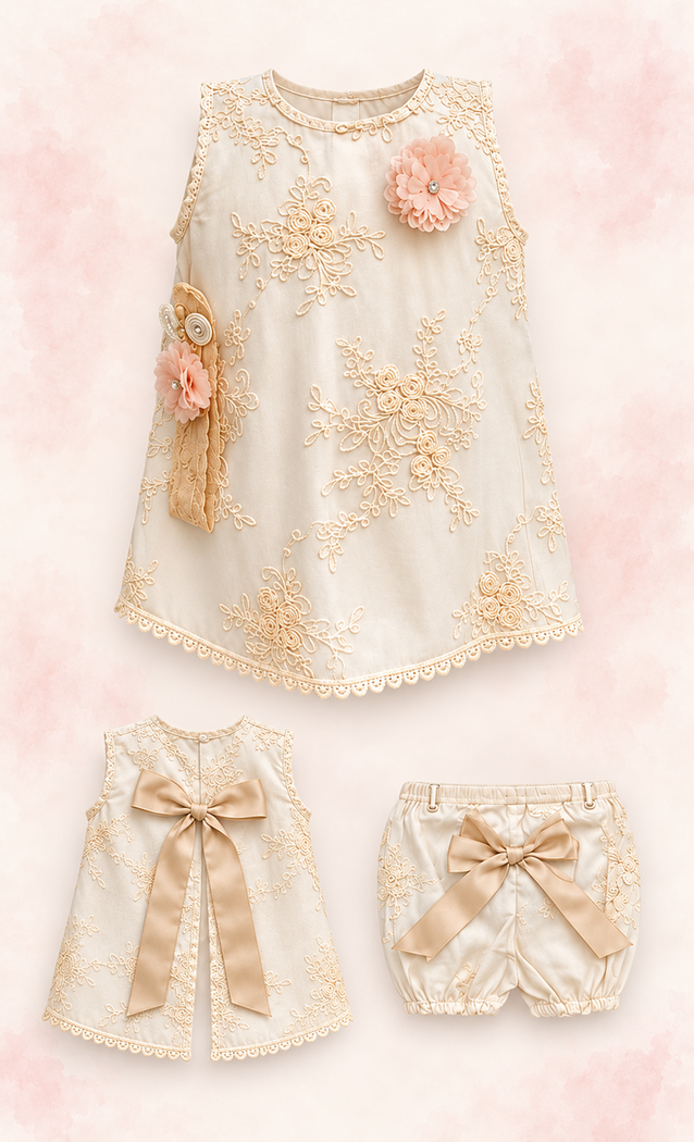 Conjunto de ceremonia para niña con vista frontal, posterior y calzoncillo