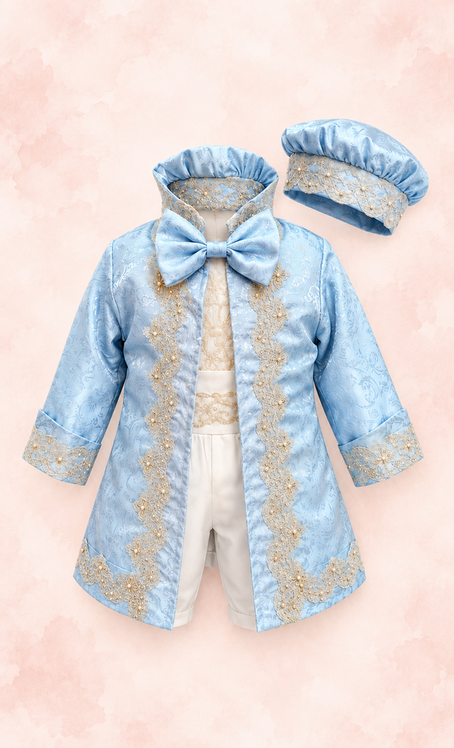 Conjunto Príncipe Fabricio azul con bordado dorado y gorrito a juego
