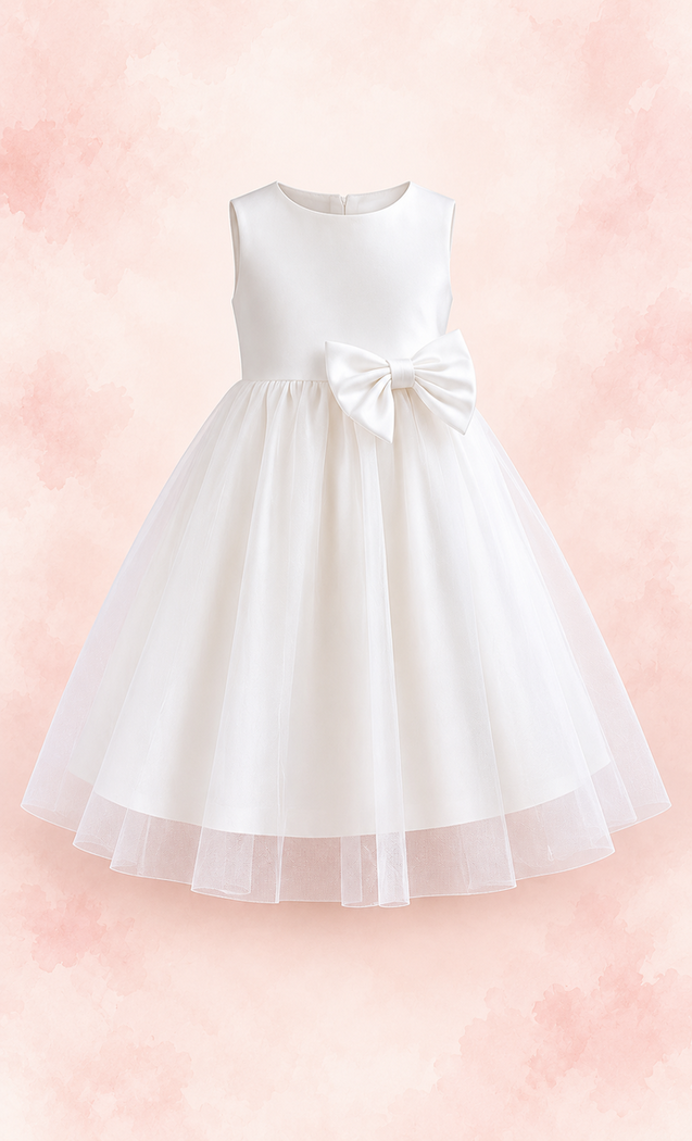 Vestido blanco de ceremonia con moño lateral