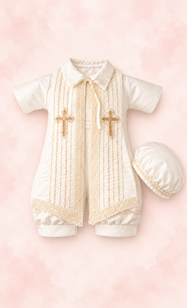 Conjunto marfil de bautizo con cruces doradas y gorrito a juego
