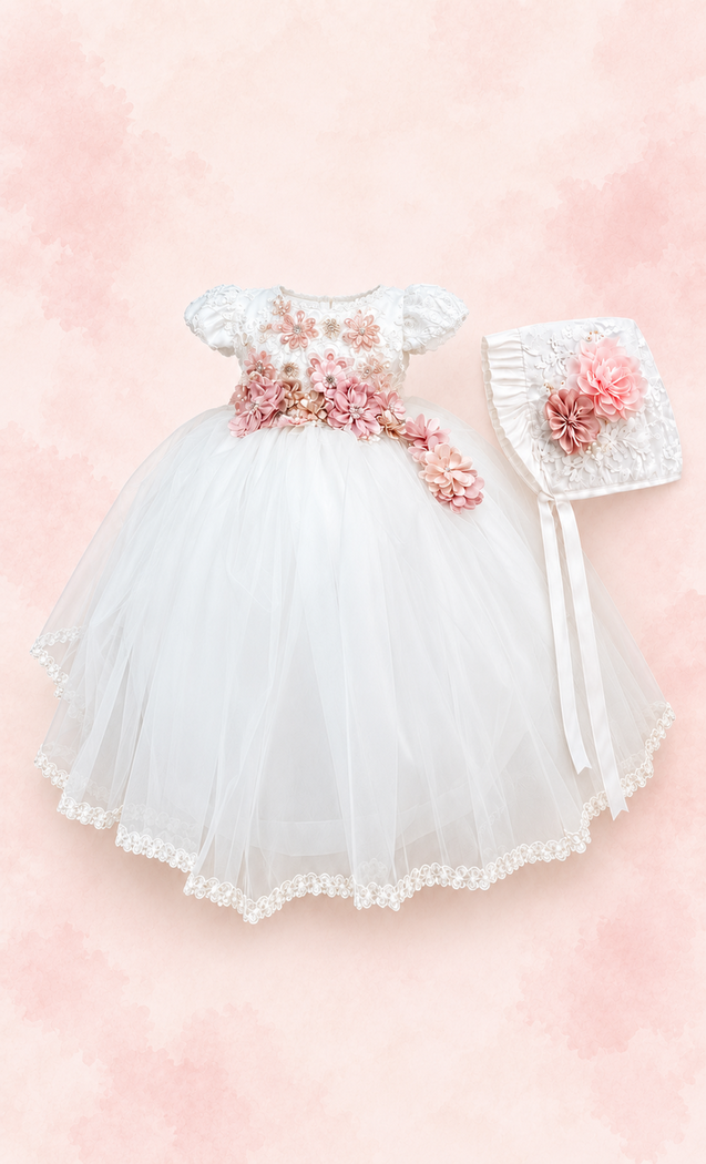 Vestido blanco de bautizo en tul con flores rosas y gorrito a juego