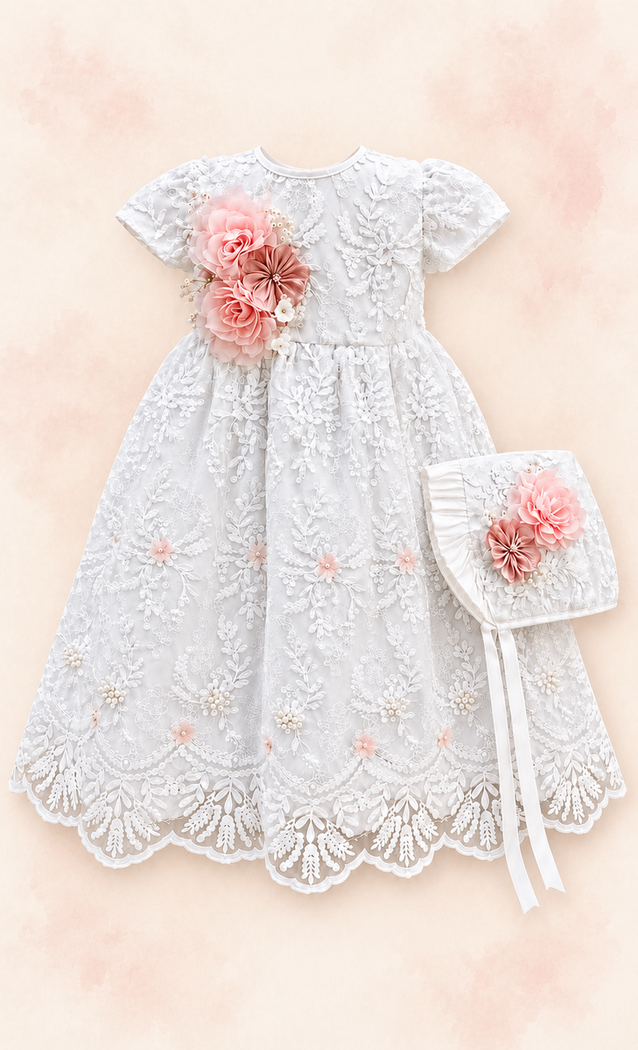 Vestido blanco de bautizo con encaje floral rosa y gorro a juego