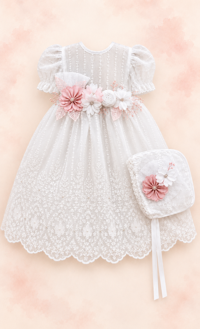 Vestido blanco de bautizo con encaje, flores rosas y gorrito a juego