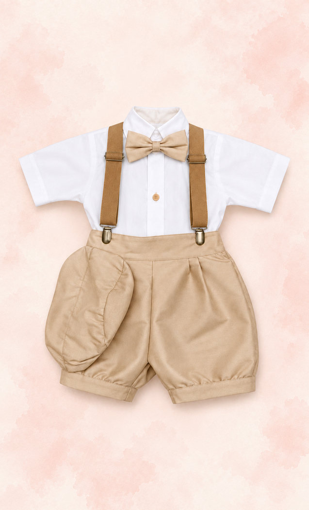 Conjunto blanco de ceremonia con tirantes, moño y bombacho beige